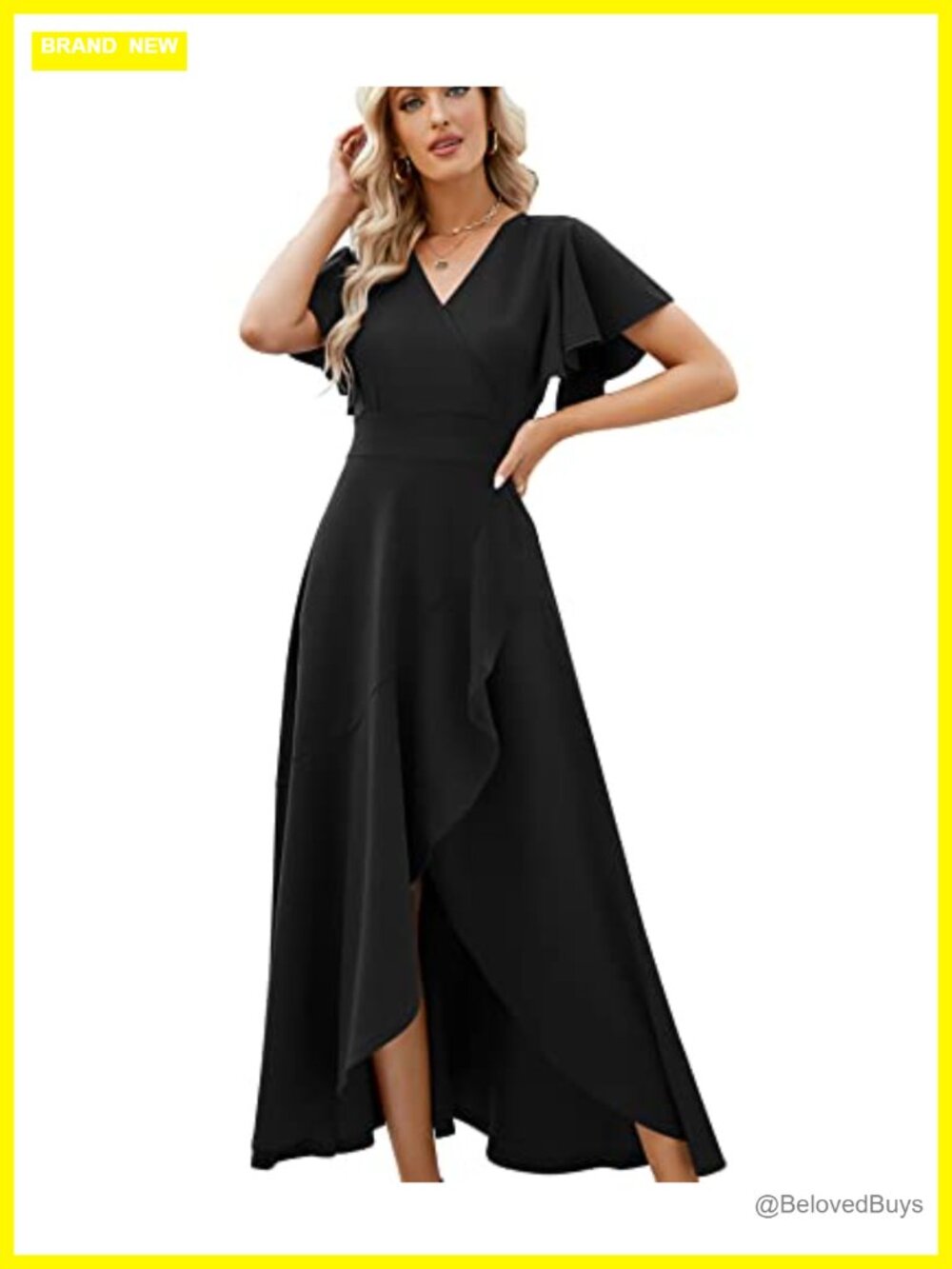 Formal Evening Gown V-Neck Flare Sleeve Thigh Slit Wedding Guest Dress
